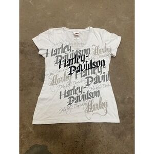Harley-Davidson Shirt Womens Medium White Allover Logo V Neck Biker Graphic Tee